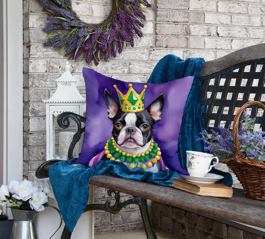 Boston Terrier King of Mardi Gras Decorative Throw Pillow 18x18 Indoor Outdoor Accent Cushion, Fabric Cover with Insert for Sofa, Bed, Porch & Living Room