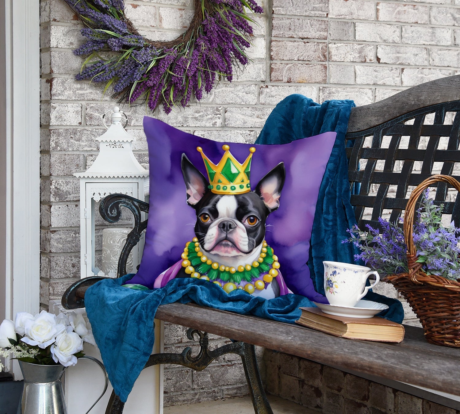 Boston Terrier King of Mardi Gras Decorative Throw Pillow 18x18 Indoor Outdoor Accent Cushion, Fabric Cover with Insert for Sofa, Bed, Porch & Living Room