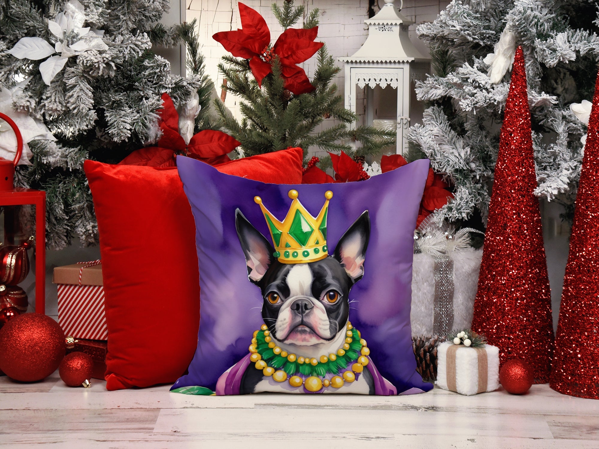 Boston Terrier King of Mardi Gras Decorative Throw Pillow 18x18 Indoor Outdoor Accent Cushion, Fabric Cover with Insert for Sofa, Bed, Porch & Living Room