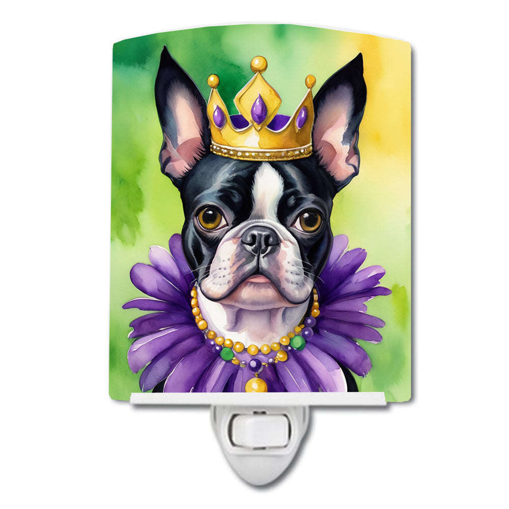 Boston Terrier King of Mardi Gras Ceramic Night Light Compact, UL-Certified, Ideal for Bedroom, Bathroom, Nursery, Hallway, Kitchen, 6x4x3, Multicolor