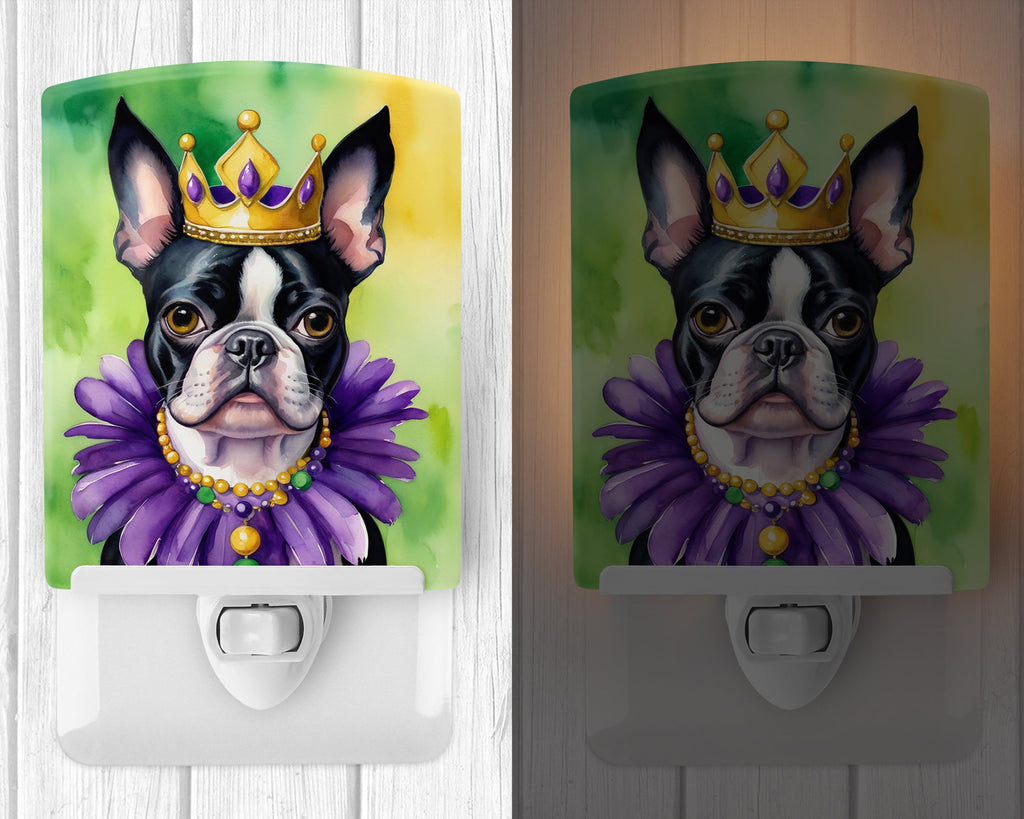Boston Terrier King of Mardi Gras Ceramic Night Light Compact, UL-Certified, Ideal for Bedroom, Bathroom, Nursery, Hallway, Kitchen, 6x4x3, Multicolor