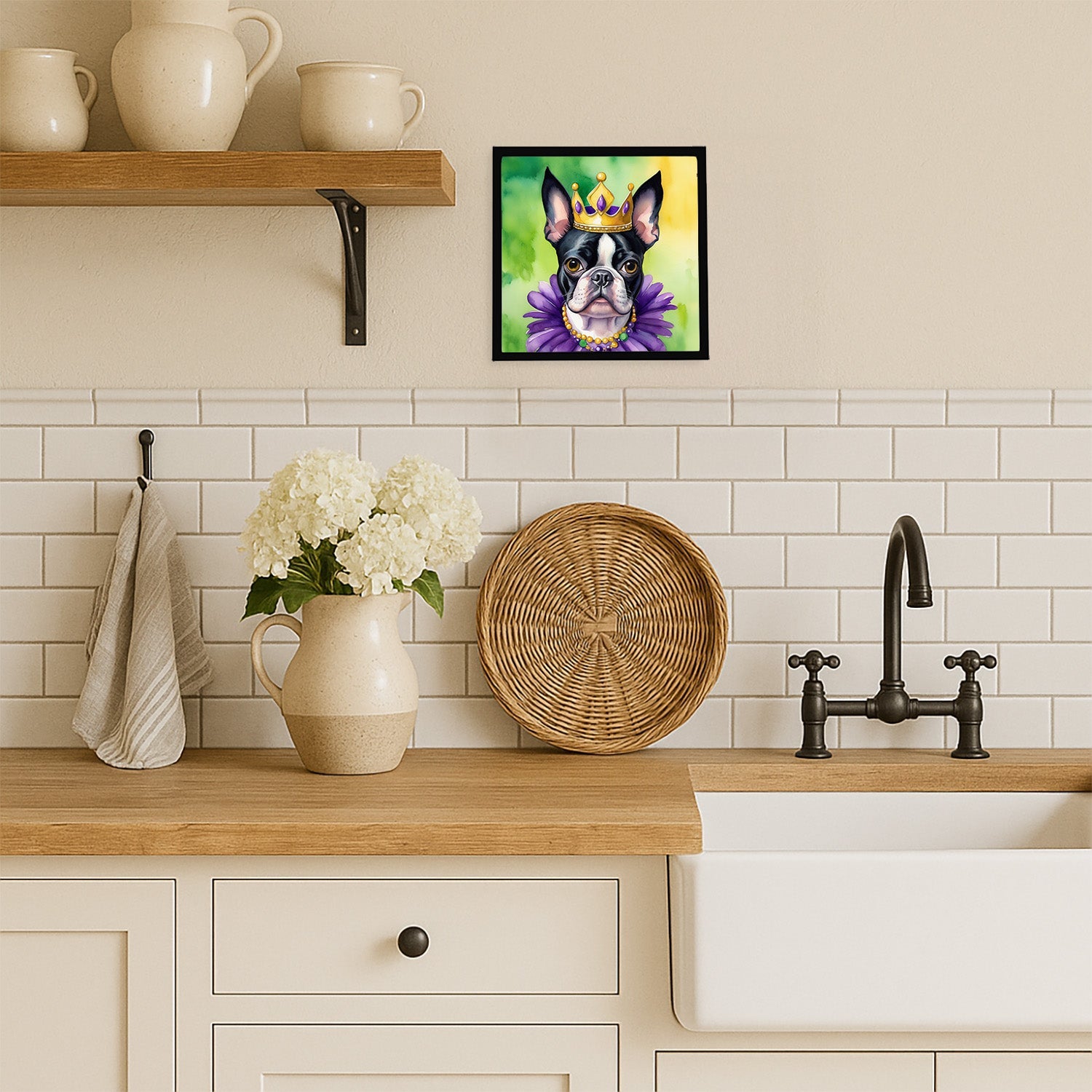 Boston Terrier King of Mardi Gras Framed Metal Print Bathroom, Kitchen, Office, Home Decor Wall Art Ready to Hang, Square, 8X8