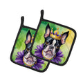 Boston Terrier King of Mardi Gras Pot Holder Set of 2 Heat Resistant Quilted Hot Pads 7.5 x 7.5 Inch, Insulated Kitchen Trivets for Cooking & Baking