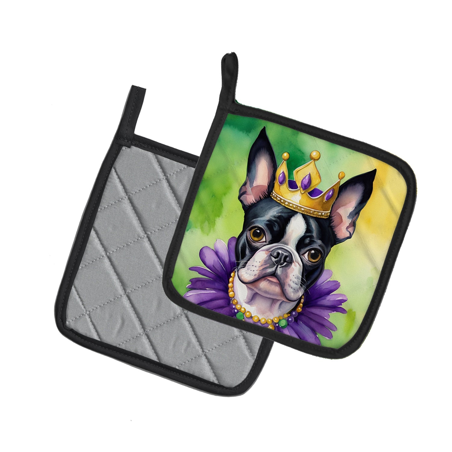 Boston Terrier King of Mardi Gras Pot Holder Set of 2 Heat Resistant Quilted Hot Pads 7.5 x 7.5 Inch, Insulated Kitchen Trivets for Cooking & Baking