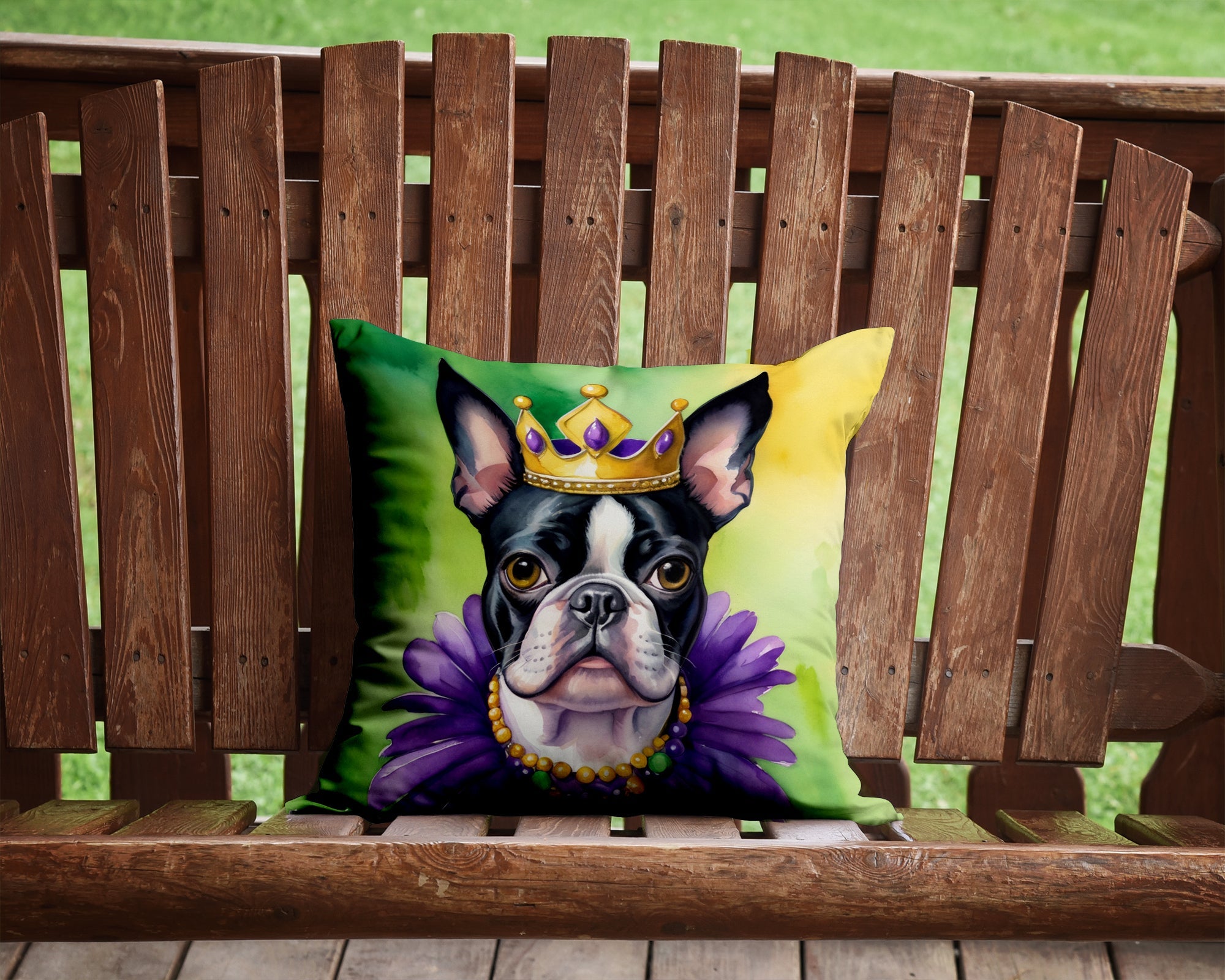 Boston Terrier King of Mardi Gras Decorative Throw Pillow 14x14 Indoor Outdoor Accent Cushion, Fabric Cover with Insert for Sofa, Bed, Porch & Living Room