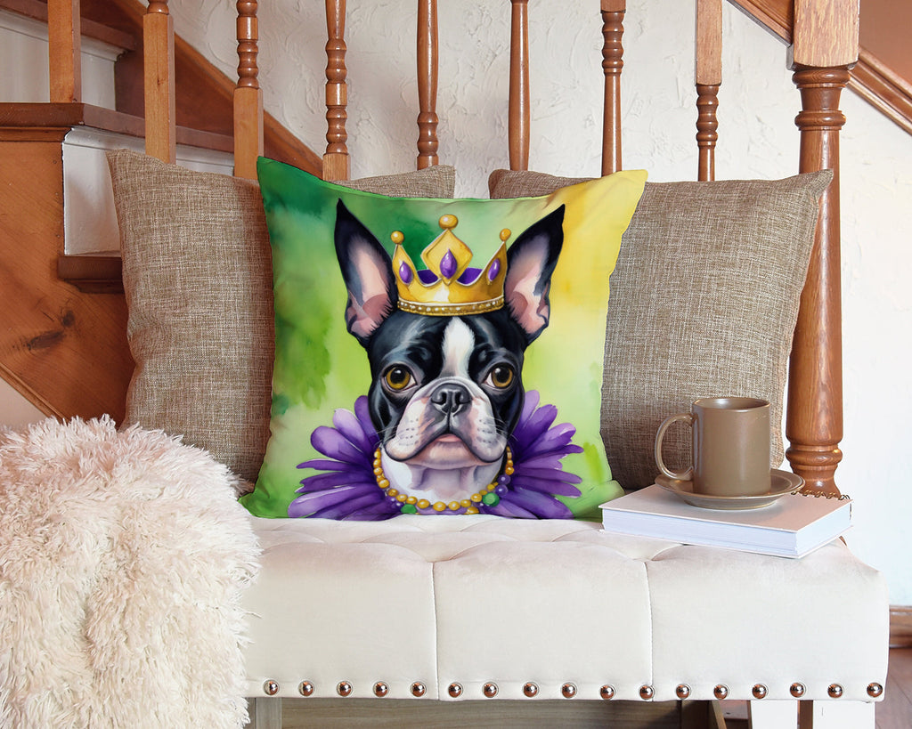 Boston Terrier King of Mardi Gras Decorative Throw Pillow 14x14 Indoor Outdoor Accent Cushion, Fabric Cover with Insert for Sofa, Bed, Porch & Living Room