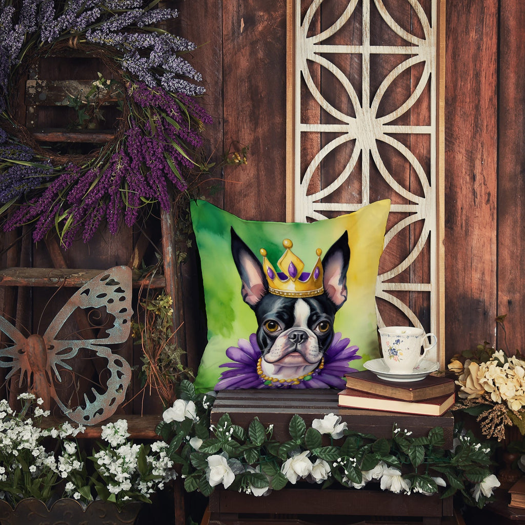 Boston Terrier King of Mardi Gras Decorative Throw Pillow 14x14 Indoor Outdoor Accent Cushion, Fabric Cover with Insert for Sofa, Bed, Porch & Living Room