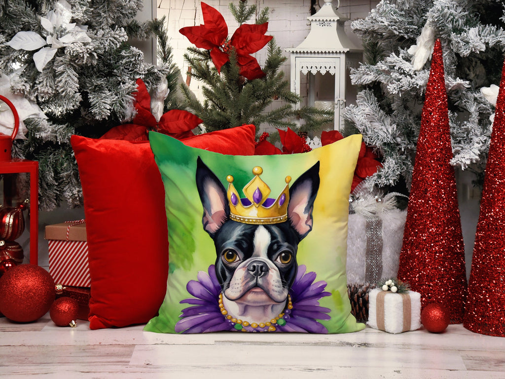 Boston Terrier King of Mardi Gras Decorative Throw Pillow 14x14 Indoor Outdoor Accent Cushion, Fabric Cover with Insert for Sofa, Bed, Porch & Living Room