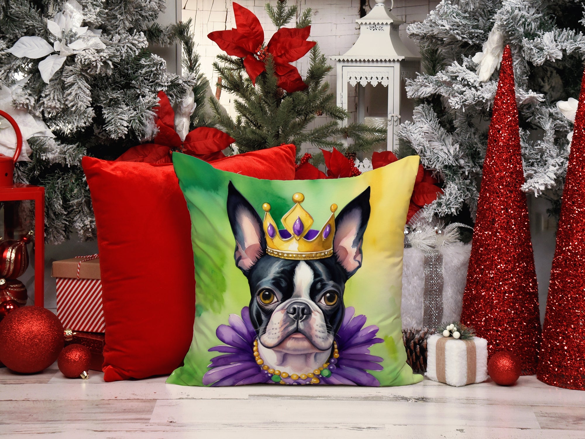Boston Terrier King of Mardi Gras Decorative Throw Pillow 14x14 Indoor Outdoor Accent Cushion, Fabric Cover with Insert for Sofa, Bed, Porch & Living Room