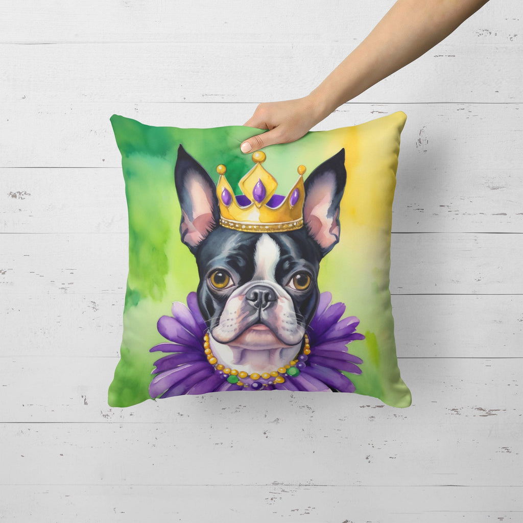 Boston Terrier King of Mardi Gras Decorative Throw Pillow 18x18 Indoor Outdoor Accent Cushion, Fabric Cover with Insert for Sofa, Bed, Porch & Living Room