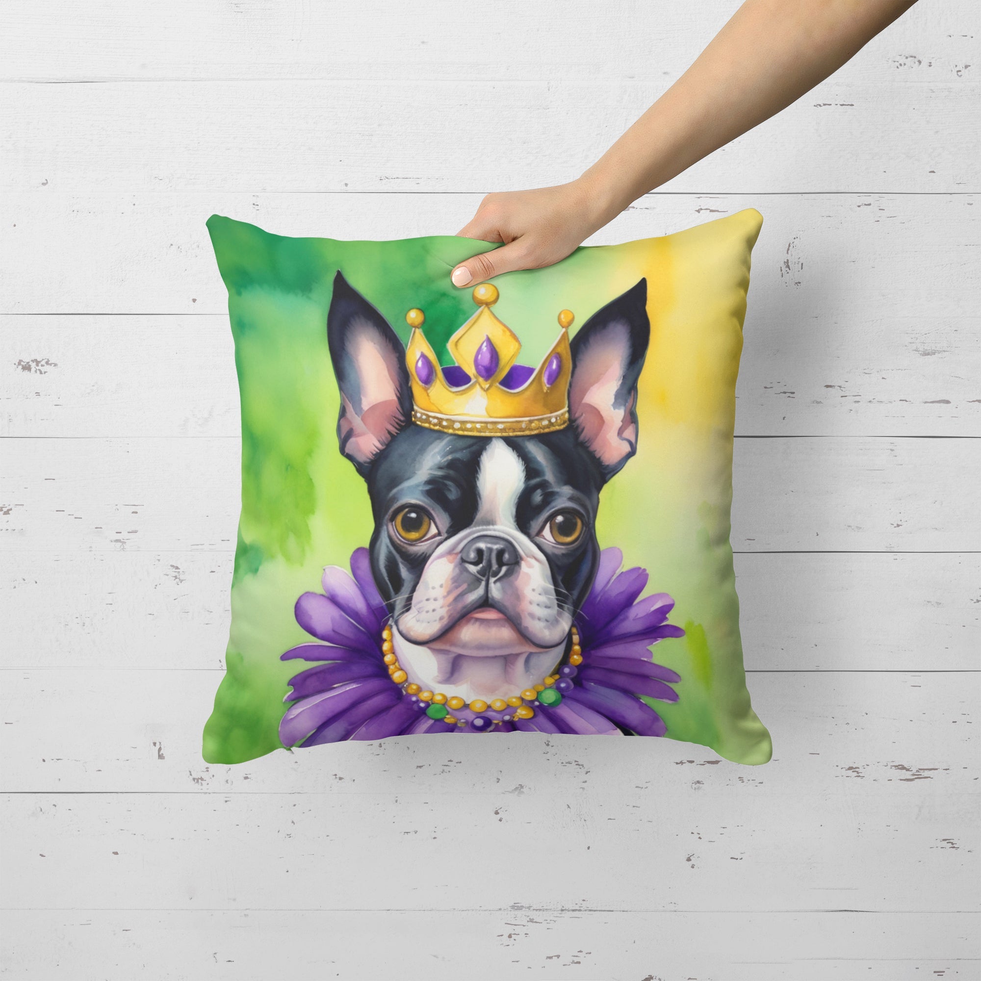 Boston Terrier King of Mardi Gras Decorative Throw Pillow 18x18 Indoor Outdoor Accent Cushion, Fabric Cover with Insert for Sofa, Bed, Porch & Living Room