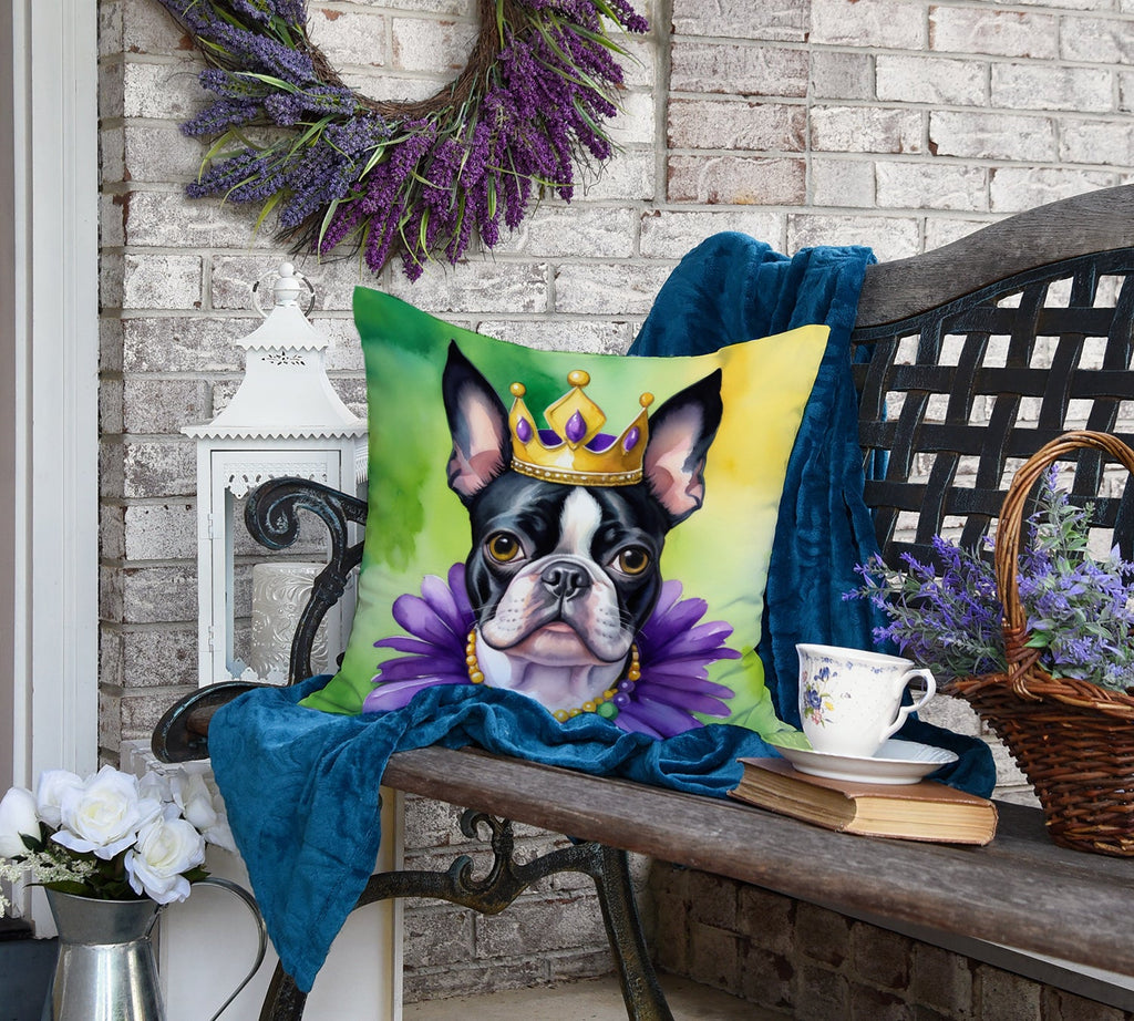 Boston Terrier King of Mardi Gras Decorative Throw Pillow 18x18 Indoor Outdoor Accent Cushion, Fabric Cover with Insert for Sofa, Bed, Porch & Living Room
