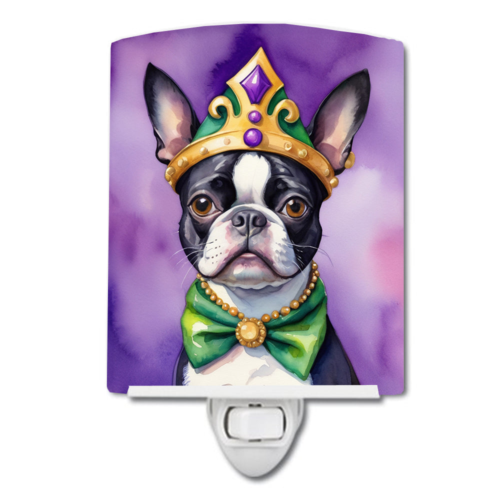 Boston Terrier King of Mardi Gras Ceramic Night Light Compact, UL-Certified, Ideal for Bedroom, Bathroom, Nursery, Hallway, Kitchen, 6x4x3, Multicolor