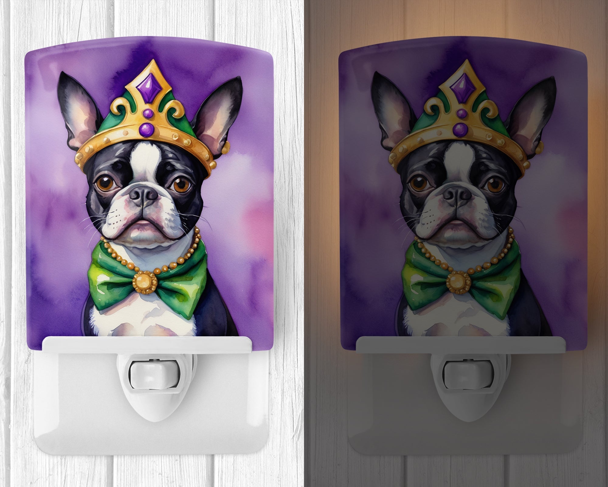 Boston Terrier King of Mardi Gras Ceramic Night Light Compact, UL-Certified, Ideal for Bedroom, Bathroom, Nursery, Hallway, Kitchen, 6x4x3, Multicolor