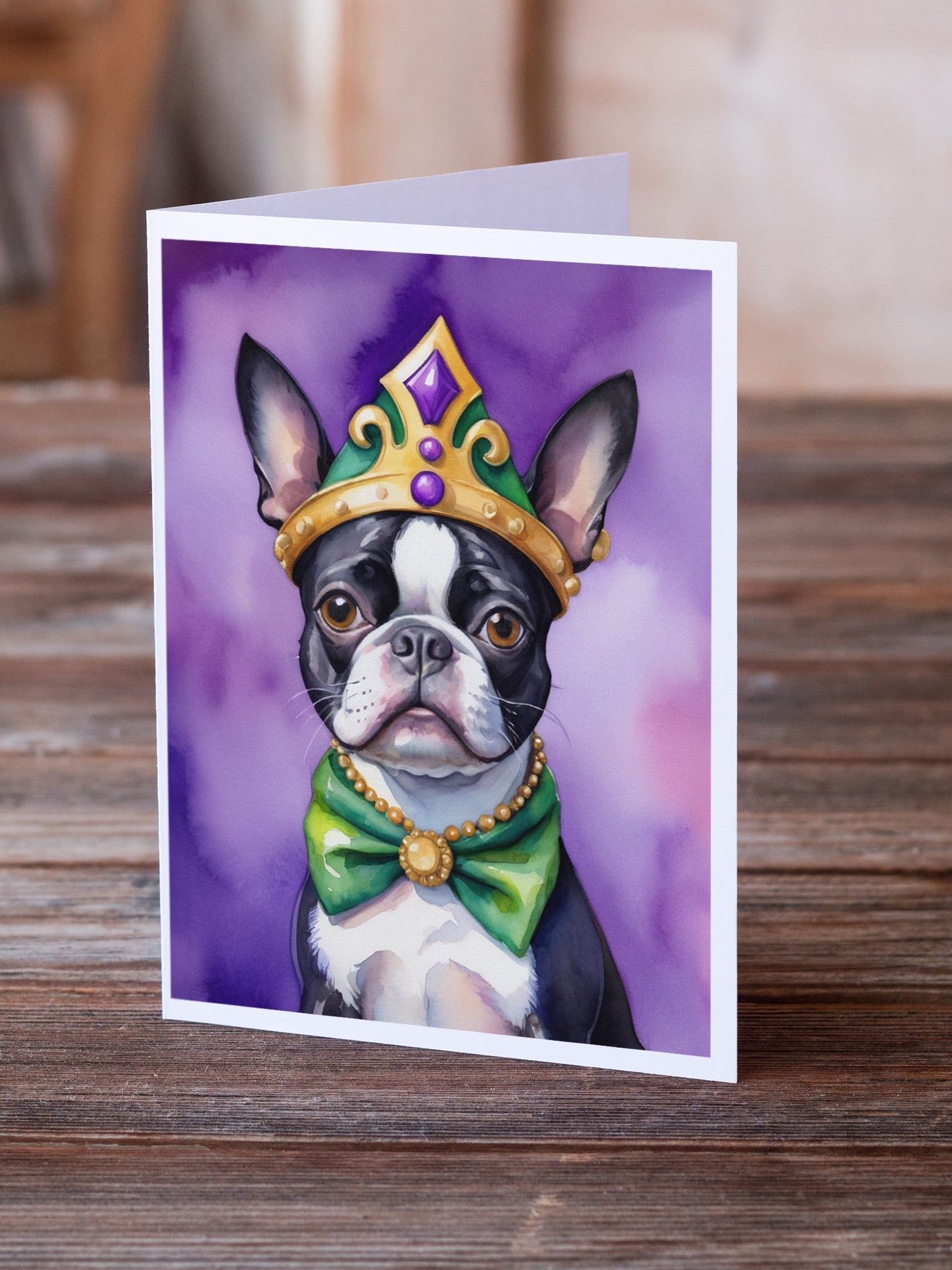 Boston Terrier King of Mardi Gras Greeting Cards Pack of 8 Blank Cards with Envelopes Whimsical A7 Size 5x7