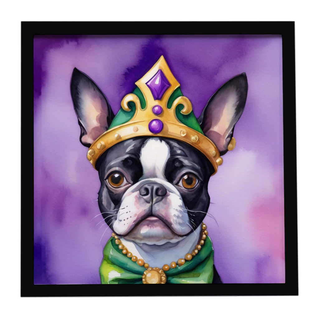 Boston Terrier King of Mardi Gras Framed Metal Print Bathroom, Kitchen, Office, Home Decor Wall Art Ready to Hang, Square, 8X8