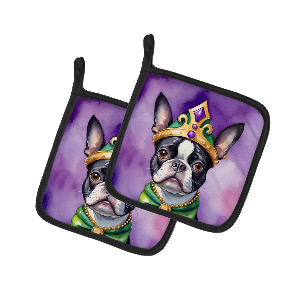 Boston Terrier King of Mardi Gras Pot Holder Set of 2 Heat Resistant Quilted Hot Pads 7.5 x 7.5 Inch, Insulated Kitchen Trivets for Cooking & Baking