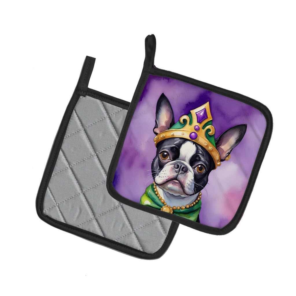 Boston Terrier King of Mardi Gras Pot Holder Set of 2 Heat Resistant Quilted Hot Pads 7.5 x 7.5 Inch, Insulated Kitchen Trivets for Cooking & Baking