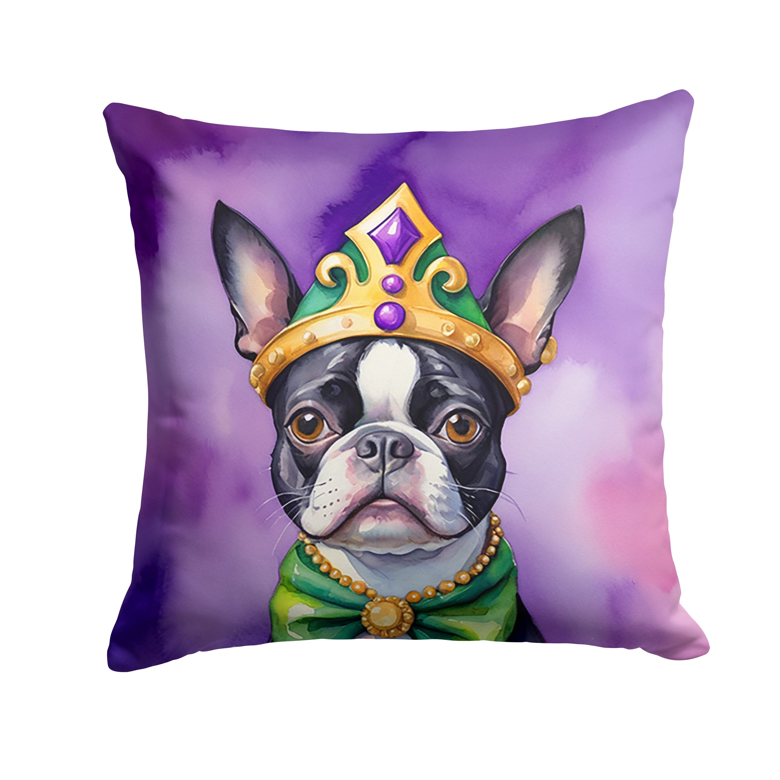 Boston Terrier King of Mardi Gras Decorative Throw Pillow 14x14 Indoor Outdoor Accent Cushion, Fabric Cover with Insert for Sofa, Bed, Porch & Living Room