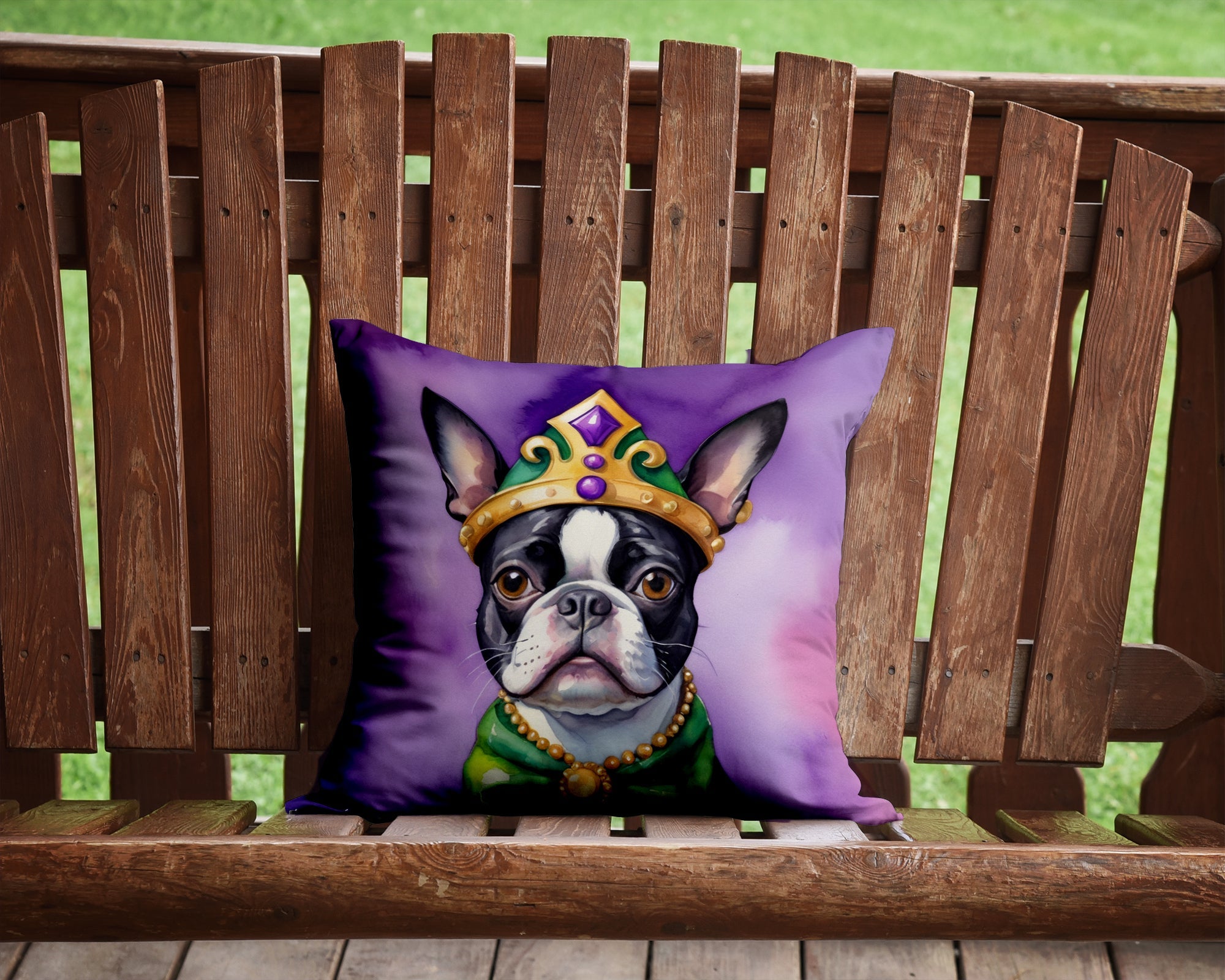 Boston Terrier King of Mardi Gras Decorative Throw Pillow 14x14 Indoor Outdoor Accent Cushion, Fabric Cover with Insert for Sofa, Bed, Porch & Living Room