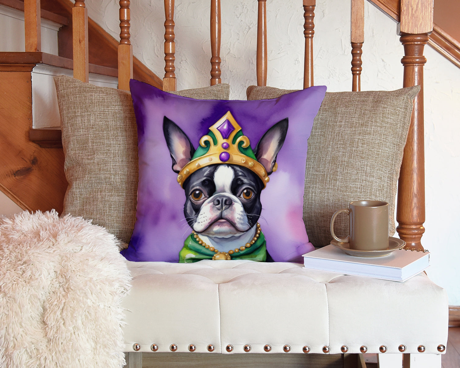Boston Terrier King of Mardi Gras Decorative Throw Pillow 14x14 Indoor Outdoor Accent Cushion, Fabric Cover with Insert for Sofa, Bed, Porch & Living Room