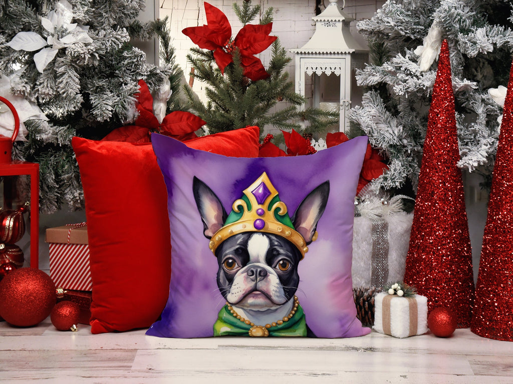 Boston Terrier King of Mardi Gras Decorative Throw Pillow 14x14 Indoor Outdoor Accent Cushion, Fabric Cover with Insert for Sofa, Bed, Porch & Living Room