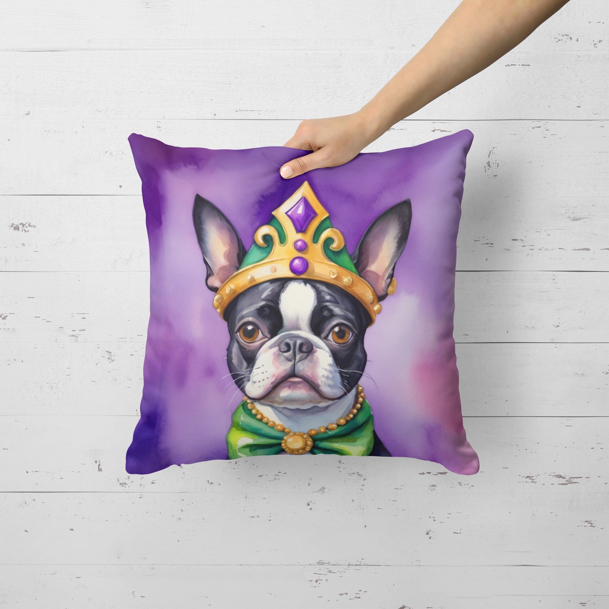 Boston Terrier King of Mardi Gras Decorative Throw Pillow 18x18 Indoor Outdoor Accent Cushion, Fabric Cover with Insert for Sofa, Bed, Porch & Living Room
