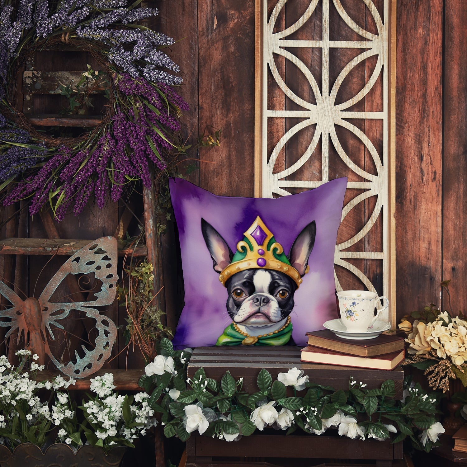 Boston Terrier King of Mardi Gras Decorative Throw Pillow 18x18 Indoor Outdoor Accent Cushion, Fabric Cover with Insert for Sofa, Bed, Porch & Living Room
