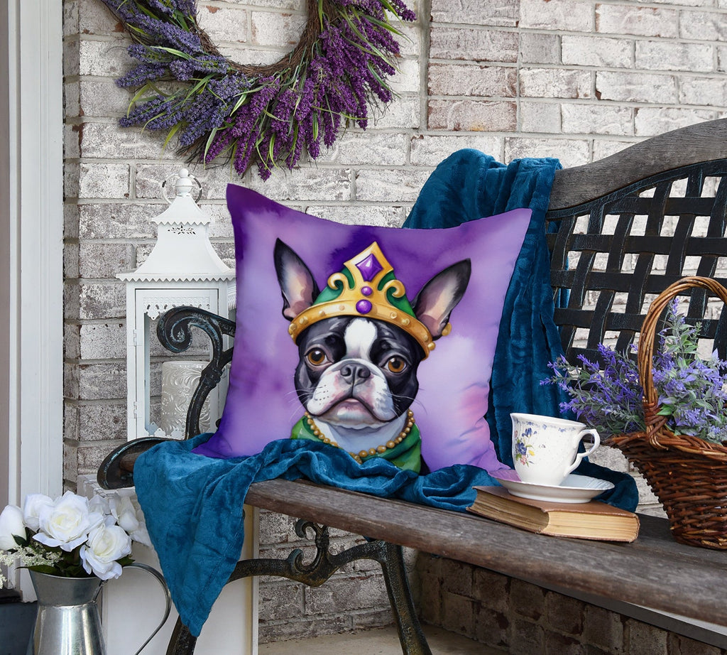 Boston Terrier King of Mardi Gras Decorative Throw Pillow 18x18 Indoor Outdoor Accent Cushion, Fabric Cover with Insert for Sofa, Bed, Porch & Living Room