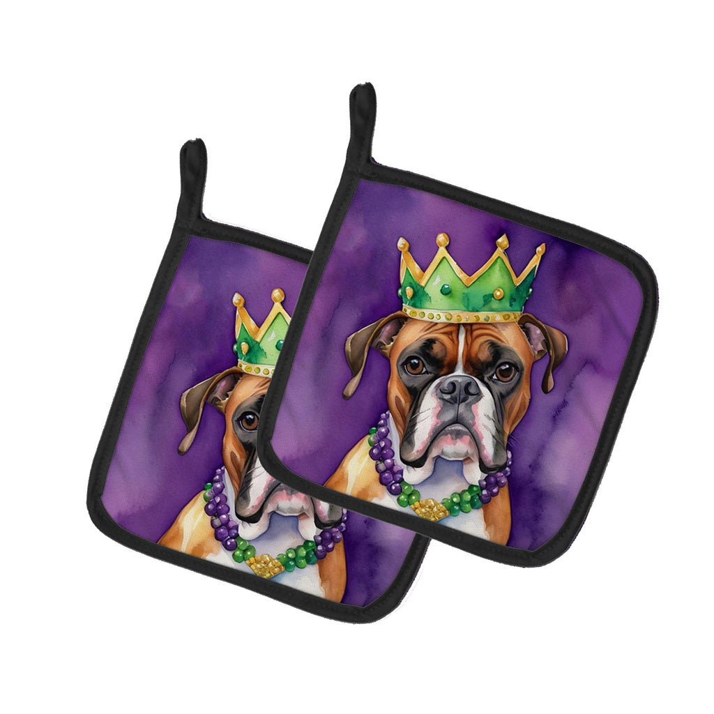 Boxer King of Mardi Gras Pot Holder Set of 2 Heat Resistant Quilted Hot Pads 7.5 x 7.5 Inch, Insulated Kitchen Trivets for Cooking & Baking