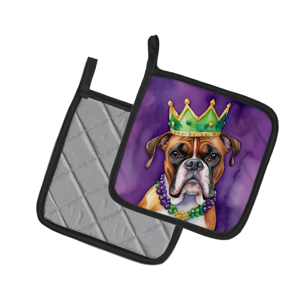 Boxer King of Mardi Gras Pot Holder Set of 2 Heat Resistant Quilted Hot Pads 7.5 x 7.5 Inch, Insulated Kitchen Trivets for Cooking & Baking