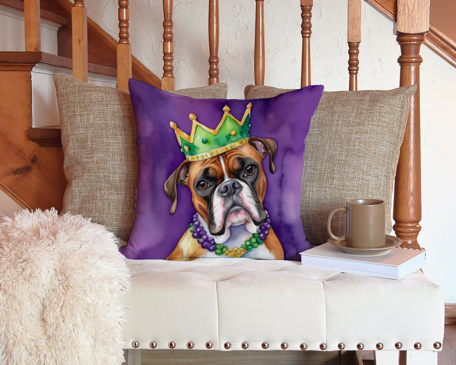 Boxer King of Mardi Gras Decorative Throw Pillow 14x14 Indoor Outdoor Accent Cushion, Fabric Cover with Insert for Sofa, Bed, Porch & Living Room
