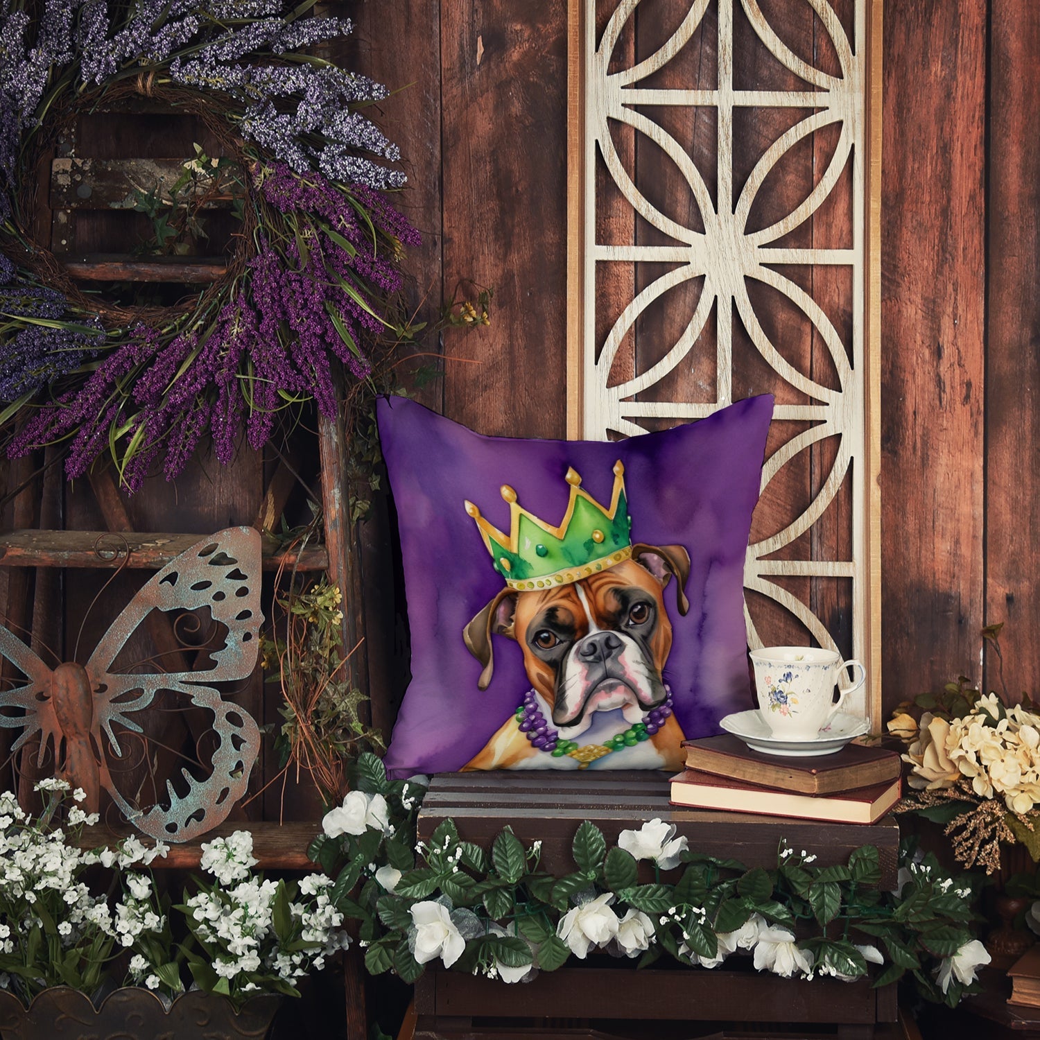 Boxer King of Mardi Gras Decorative Throw Pillow 14x14 Indoor Outdoor Accent Cushion, Fabric Cover with Insert for Sofa, Bed, Porch & Living Room