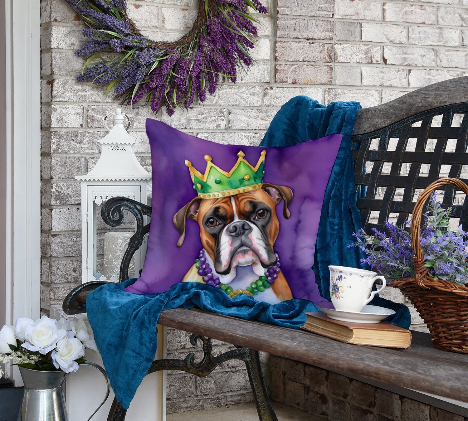 Boxer King of Mardi Gras Decorative Throw Pillow 18x18 Indoor Outdoor Accent Cushion, Fabric Cover with Insert for Sofa, Bed, Porch & Living Room