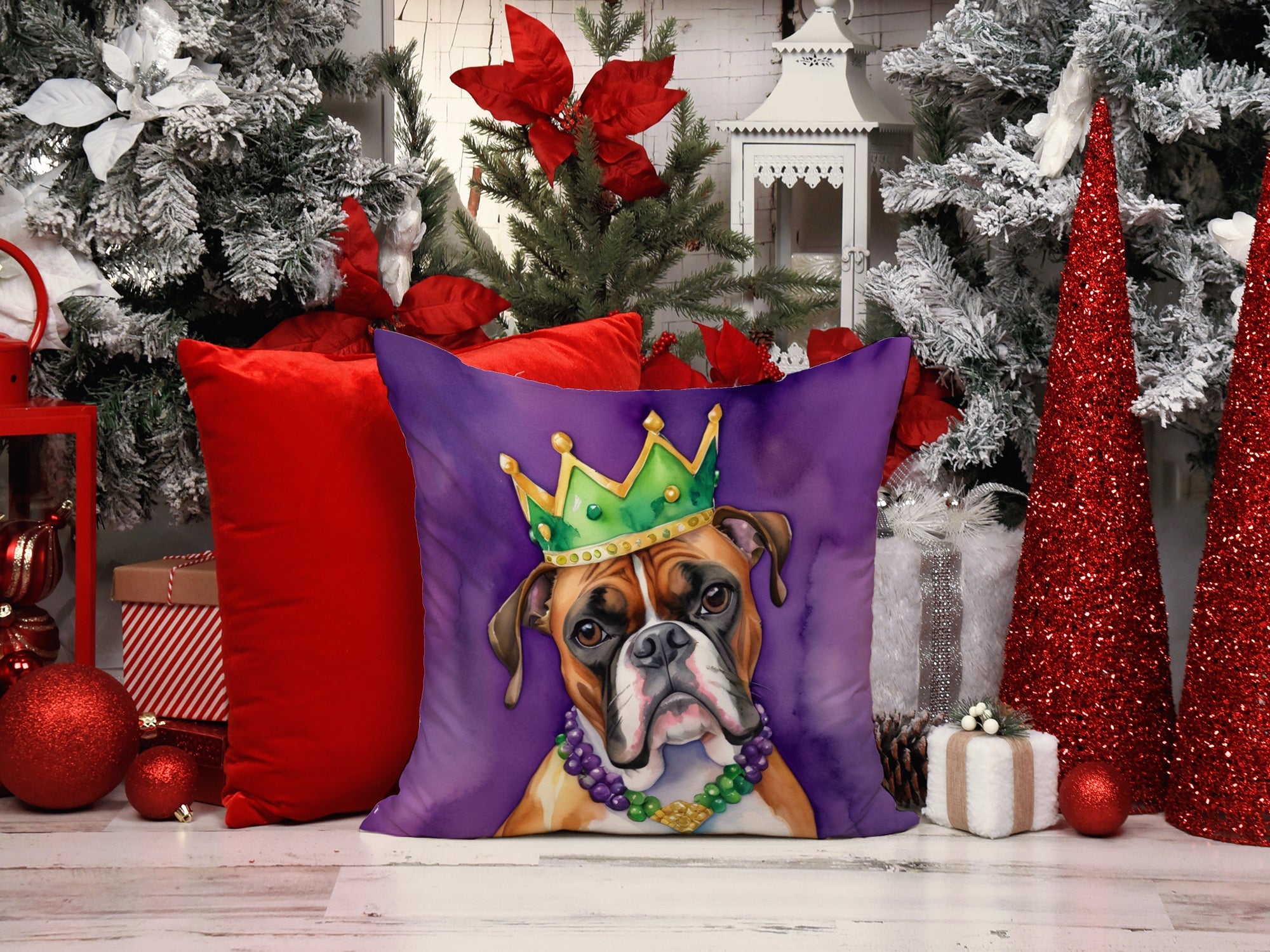 Boxer King of Mardi Gras Decorative Throw Pillow 18x18 Indoor Outdoor Accent Cushion, Fabric Cover with Insert for Sofa, Bed, Porch & Living Room