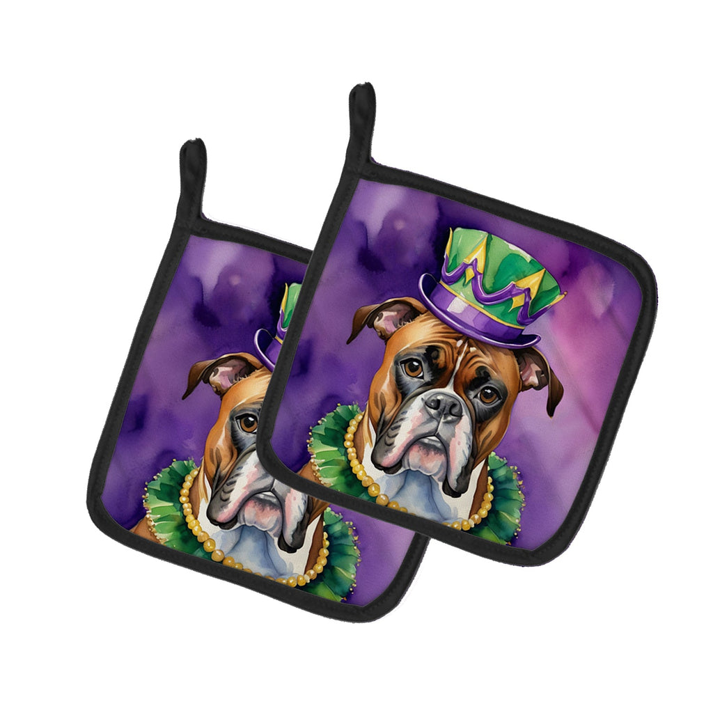 Boxer King of Mardi Gras Pot Holder Set of 2 Heat Resistant Quilted Hot Pads 7.5 x 7.5 Inch, Insulated Kitchen Trivets for Cooking & Baking