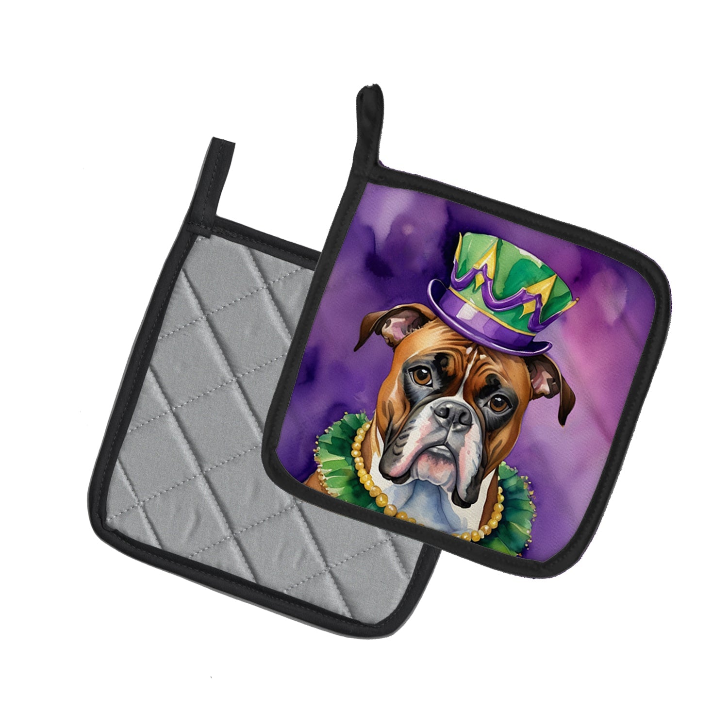 Boxer King of Mardi Gras Pot Holder Set of 2 Heat Resistant Quilted Hot Pads 7.5 x 7.5 Inch, Insulated Kitchen Trivets for Cooking & Baking