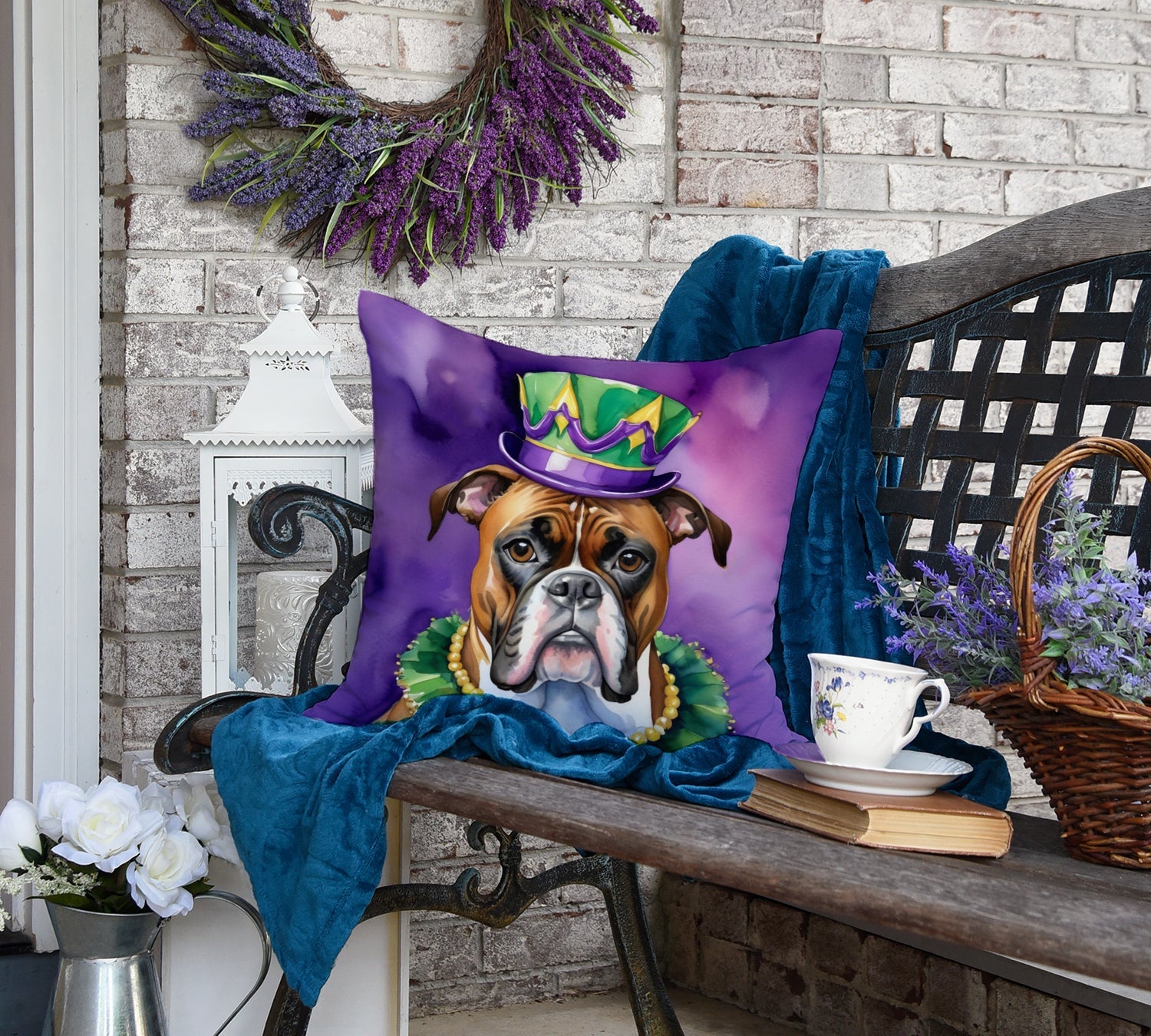 Boxer King of Mardi Gras Decorative Throw Pillow 18x18 Indoor Outdoor Accent Cushion, Fabric Cover with Insert for Sofa, Bed, Porch & Living Room