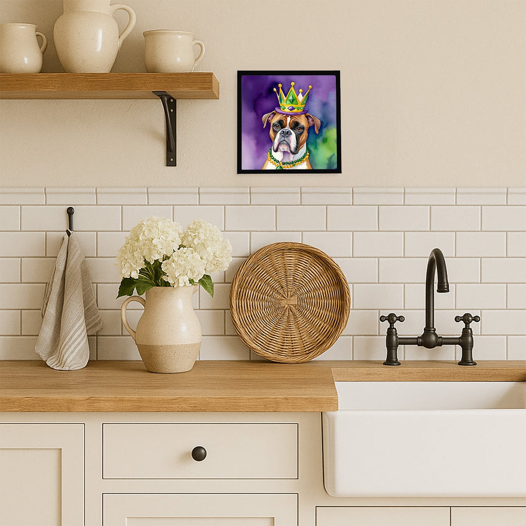 Boxer King of Mardi Gras Framed Metal Print Bathroom, Kitchen, Office, Home Decor Wall Art Ready to Hang, Square, 8X8