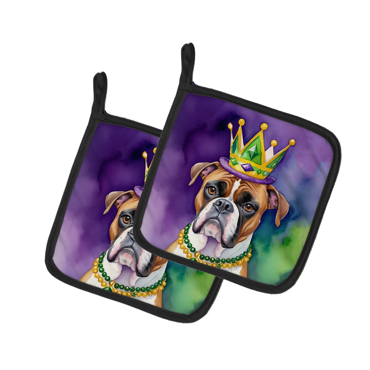Boxer King of Mardi Gras Pot Holder Set of 2 Heat Resistant Quilted Hot Pads 7.5 x 7.5 Inch, Insulated Kitchen Trivets for Cooking & Baking