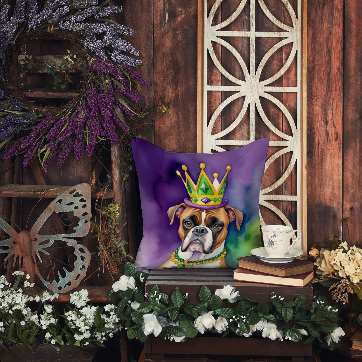 Boxer King of Mardi Gras Decorative Throw Pillow 14x14 Indoor Outdoor Accent Cushion, Fabric Cover with Insert for Sofa, Bed, Porch & Living Room