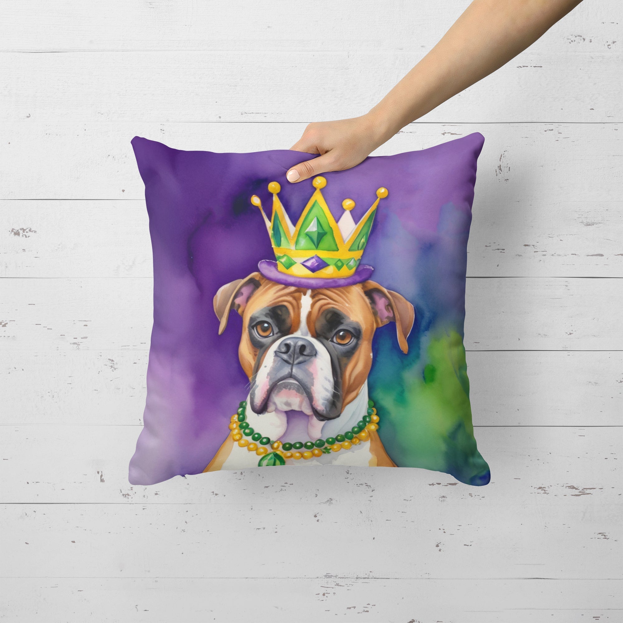 Boxer King of Mardi Gras Decorative Throw Pillow 18x18 Indoor Outdoor Accent Cushion, Fabric Cover with Insert for Sofa, Bed, Porch & Living Room