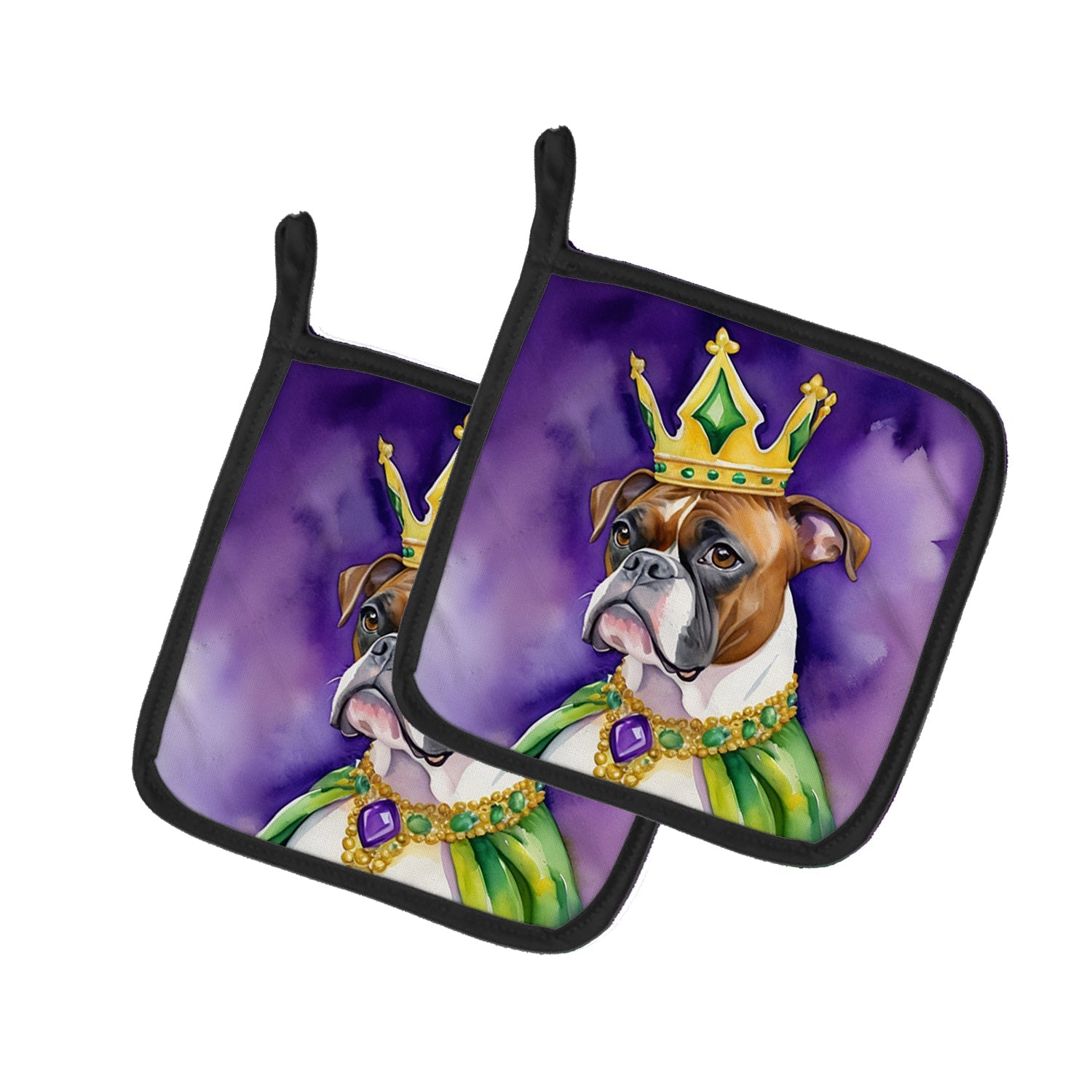 Boxer King of Mardi Gras Pot Holder Set of 2 Heat Resistant Quilted Hot Pads 7.5 x 7.5 Inch, Insulated Kitchen Trivets for Cooking & Baking