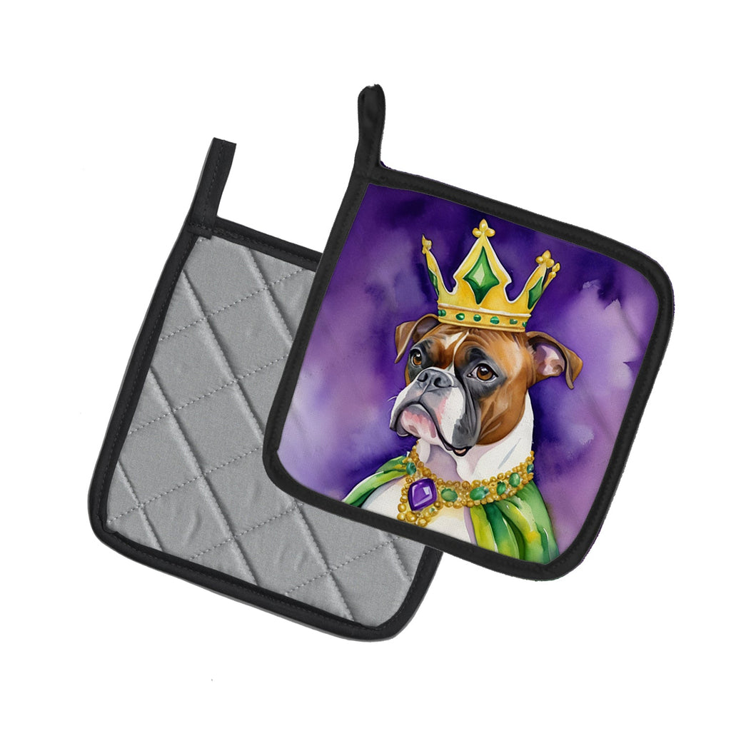 Boxer King of Mardi Gras Pot Holder Set of 2 Heat Resistant Quilted Hot Pads 7.5 x 7.5 Inch, Insulated Kitchen Trivets for Cooking & Baking