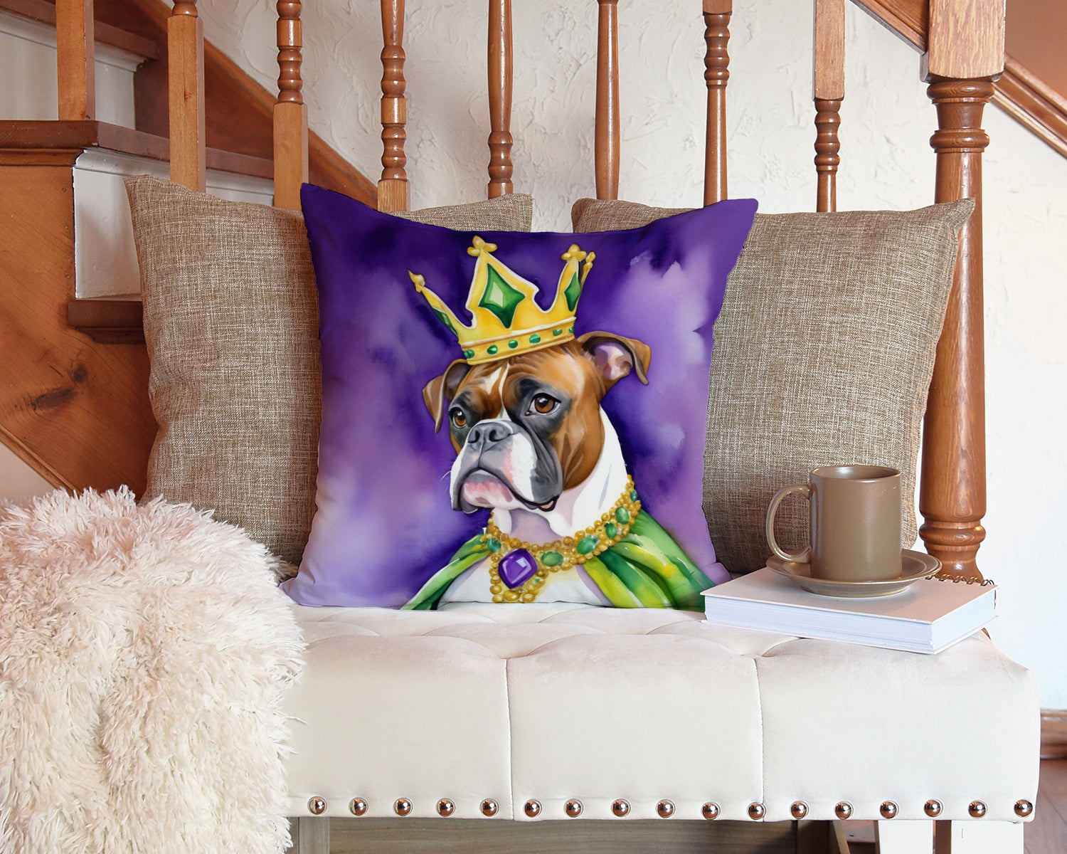 Boxer King of Mardi Gras Decorative Throw Pillow 14x14 Indoor Outdoor Accent Cushion, Fabric Cover with Insert for Sofa, Bed, Porch & Living Room