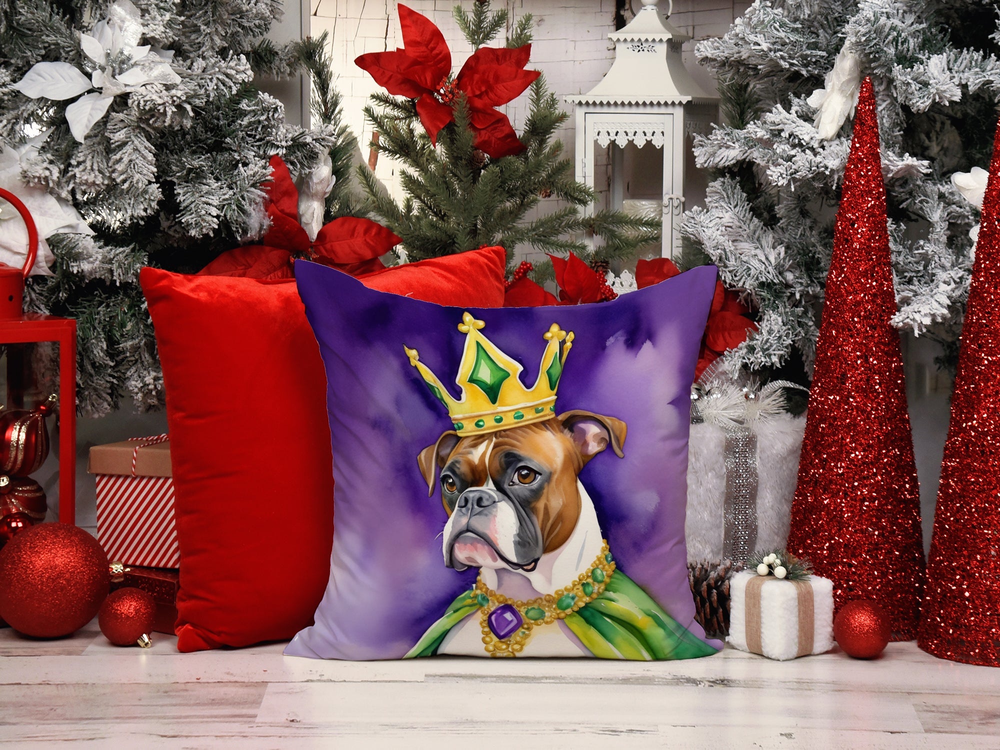 Boxer King of Mardi Gras Decorative Throw Pillow 14x14 Indoor Outdoor Accent Cushion, Fabric Cover with Insert for Sofa, Bed, Porch & Living Room