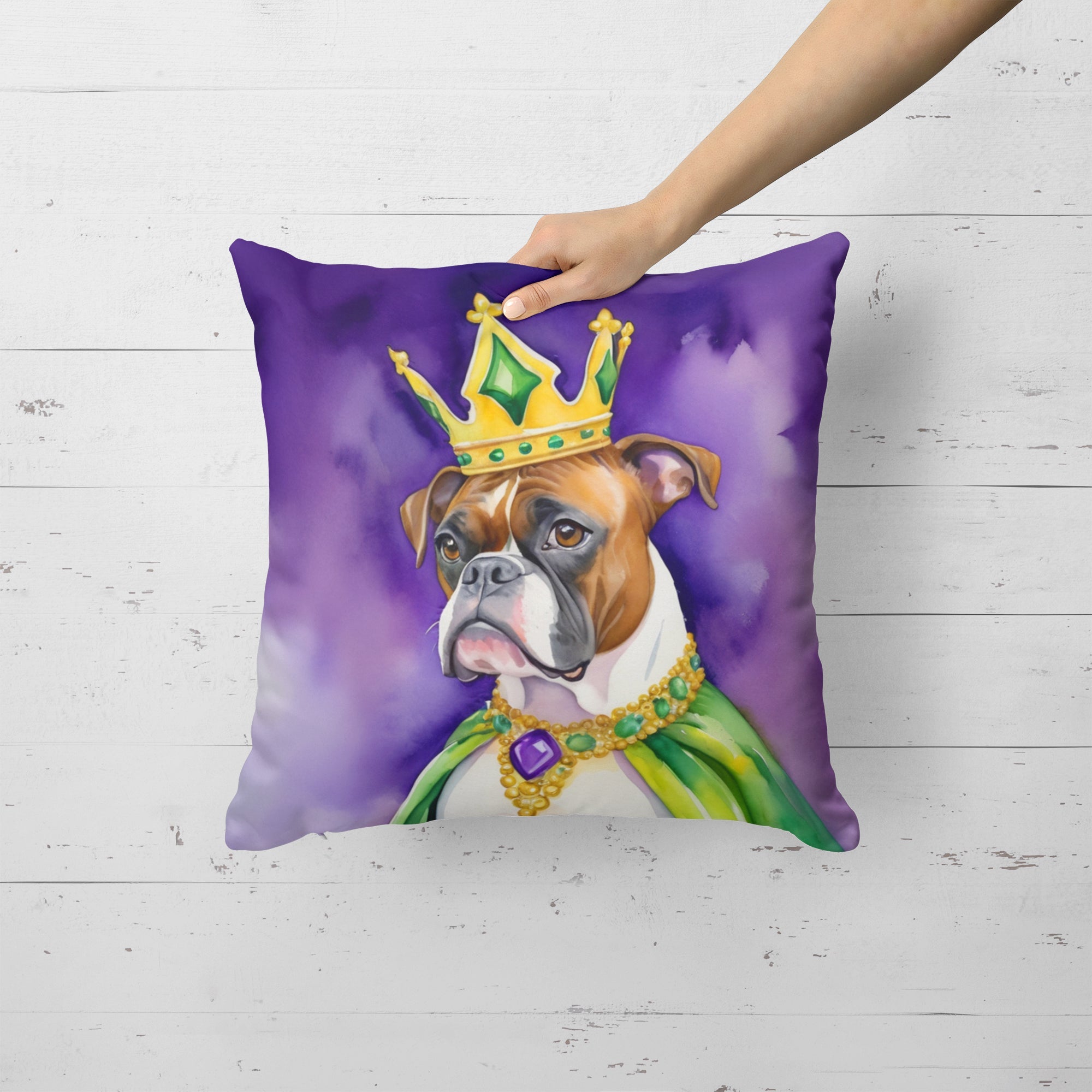 Boxer King of Mardi Gras Decorative Throw Pillow 18x18 Indoor Outdoor Accent Cushion, Fabric Cover with Insert for Sofa, Bed, Porch & Living Room