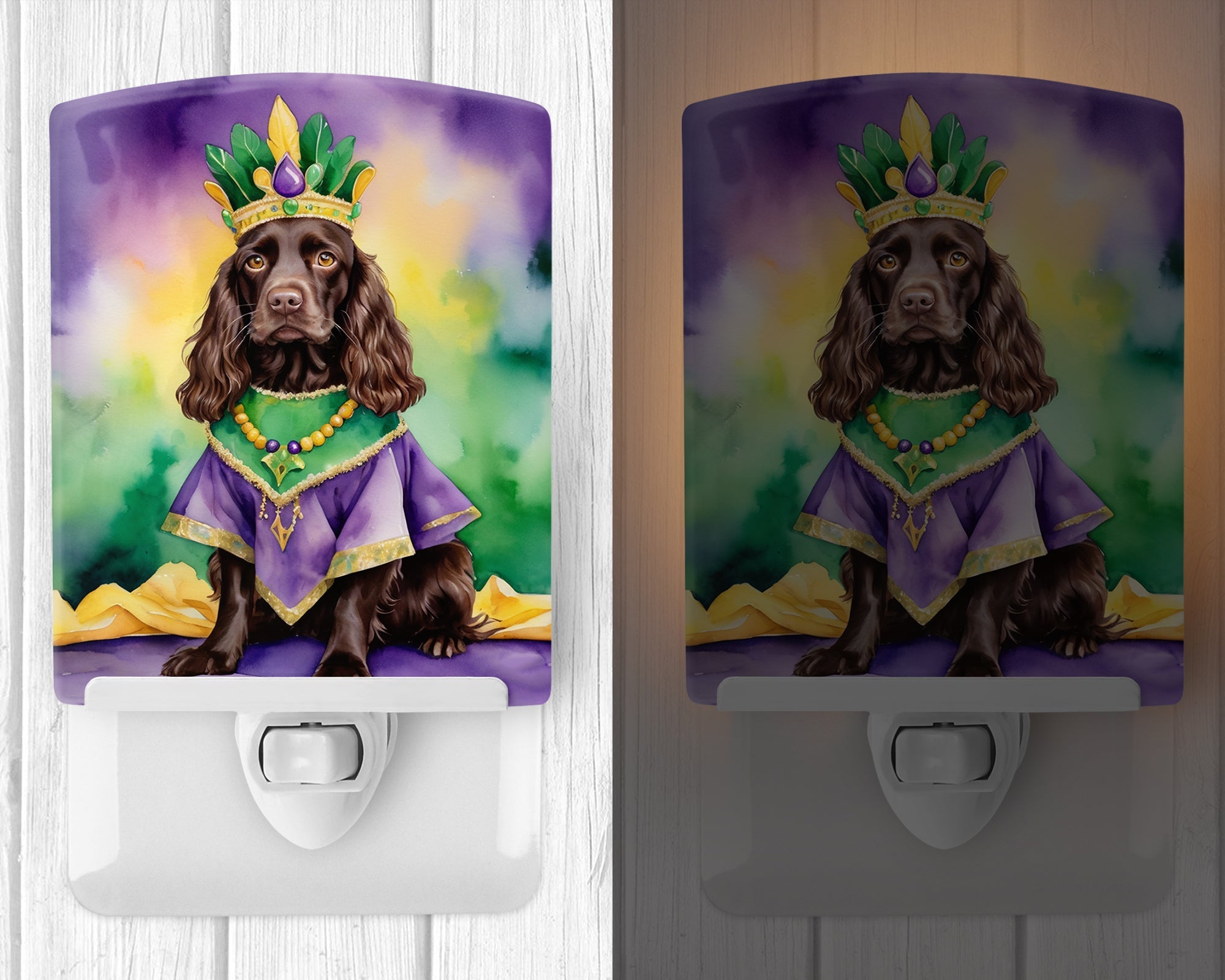 Boykin Spaniel King of Mardi Gras Ceramic Night Light Compact, UL-Certified, Ideal for Bedroom, Bathroom, Nursery, Hallway, Kitchen, 6x4x3, Multicolor