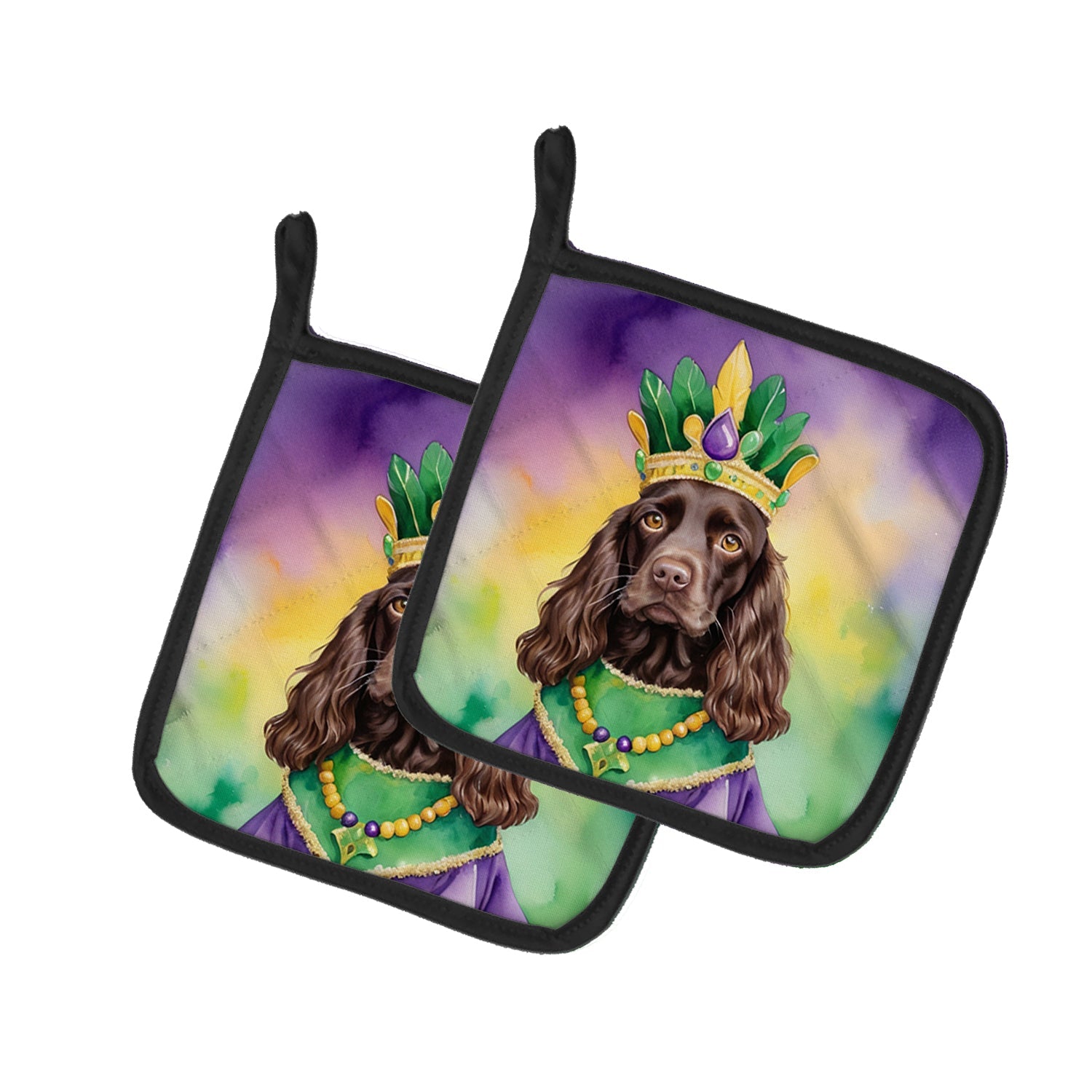 Boykin Spaniel King of Mardi Gras Pot Holder Set of 2 Heat Resistant Quilted Hot Pads 7.5 x 7.5 Inch, Insulated Kitchen Trivets for Cooking & Baking