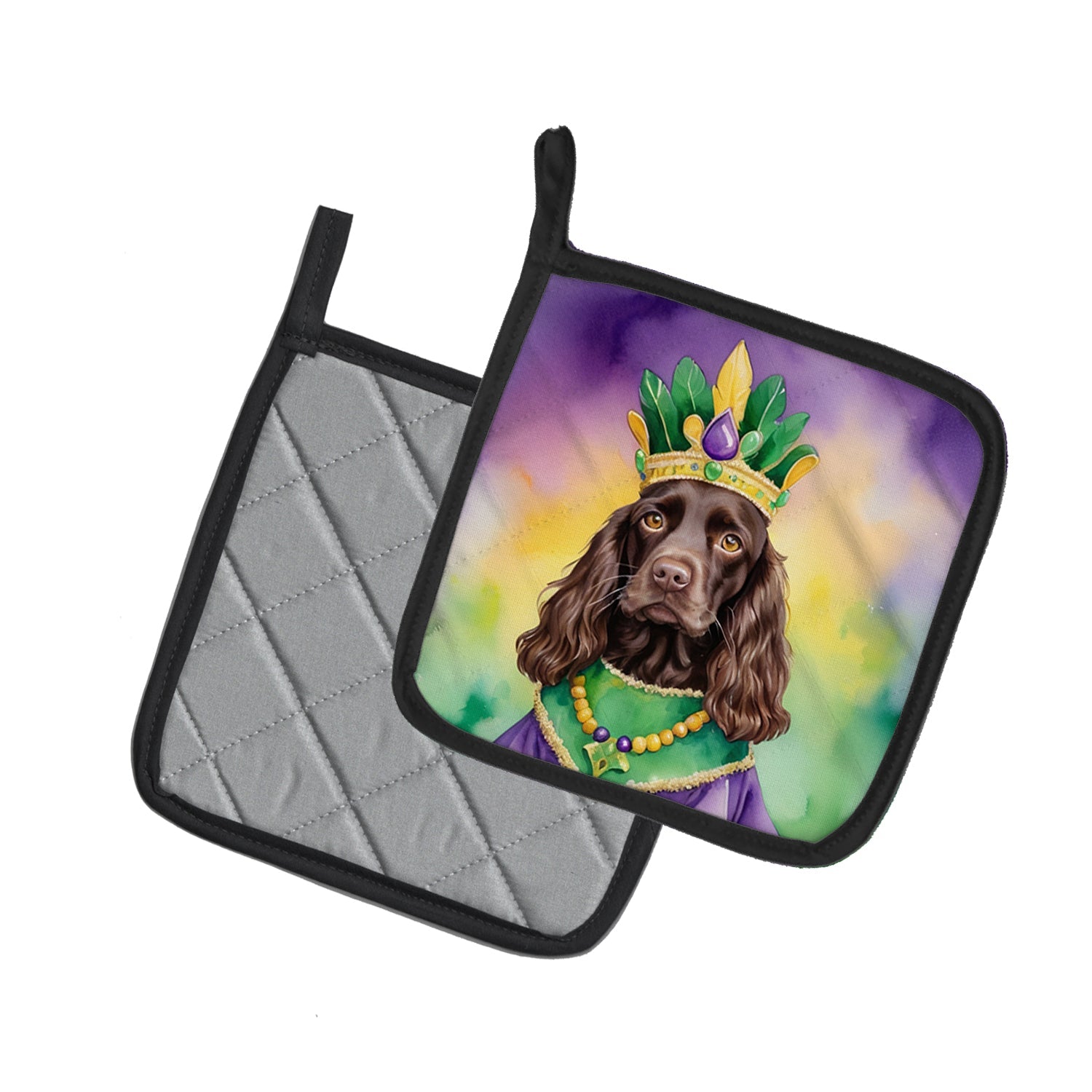 Boykin Spaniel King of Mardi Gras Pot Holder Set of 2 Heat Resistant Quilted Hot Pads 7.5 x 7.5 Inch, Insulated Kitchen Trivets for Cooking & Baking